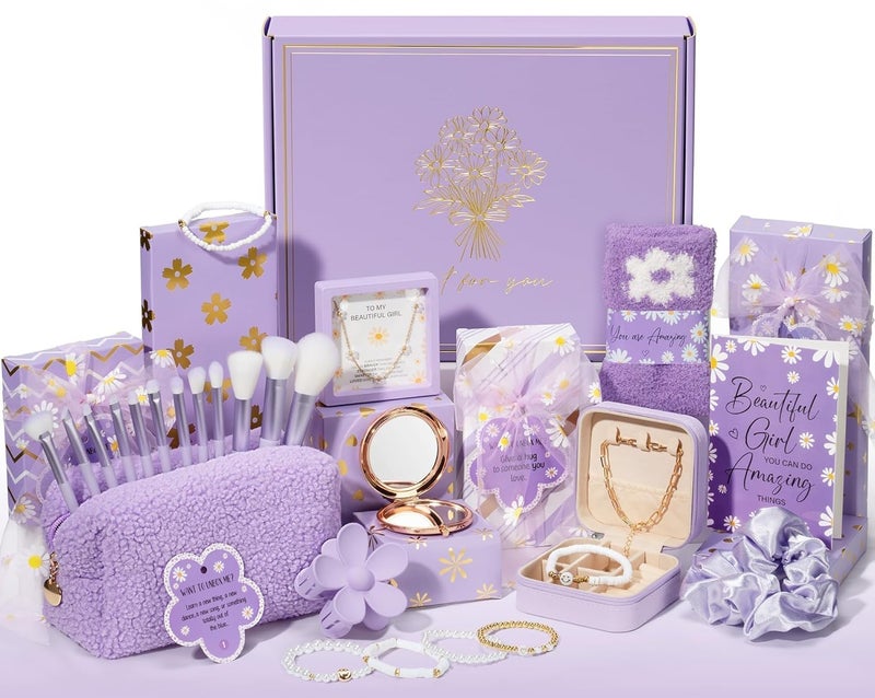 Qinline Valentines Day Gifts for Tween & Teen Girls - 8 PCS Birthday Gift Basket Teenage Girl Gifts Trendy Stuff w/ Fun Task Tags Makeup Brushes & Bag, Empower Positive Wrapped Gift Box for Daughter Niece - Image 1